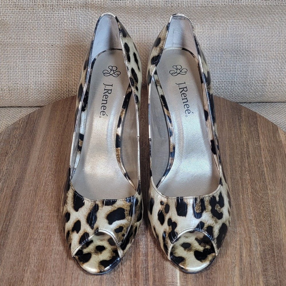 J. Renee Leda Heels Leopard Print Patent Leather Peep Toe Stiletto Size 8 M - Picture 3 of 11